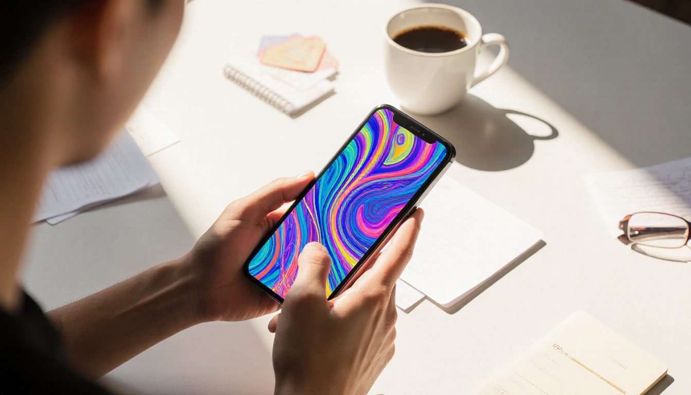 iPhone screen shows vibrant chat background with swirling patterns on a minimalist desk with coffee under warm natural light
