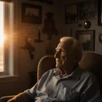 Ira Schab sits in armchair looking out the window with soft sunset glow and nostalgic Pearl Harbor memorabilia.