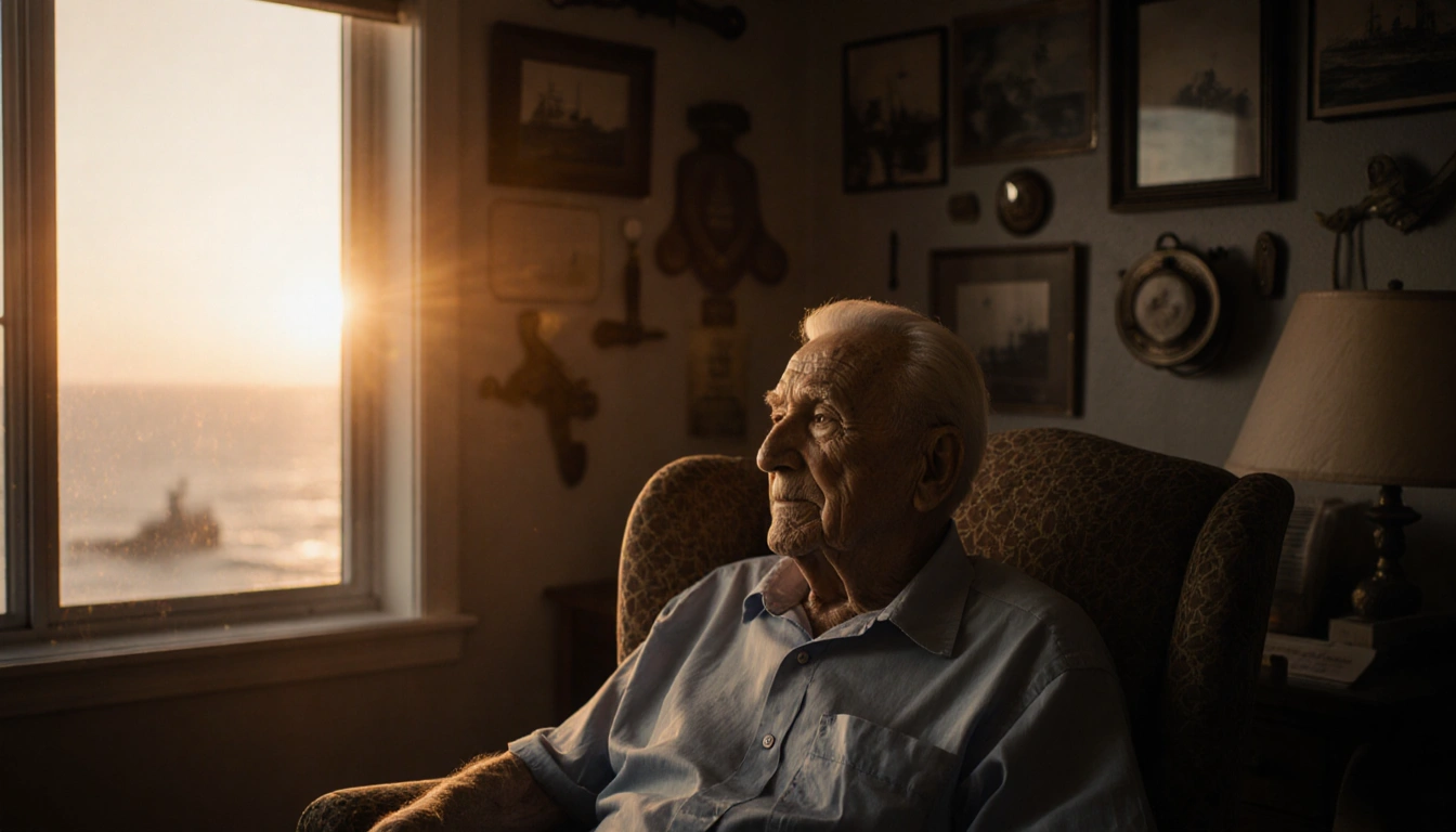 Ira Schab sits in armchair looking out the window with soft sunset glow and nostalgic Pearl Harbor memorabilia.