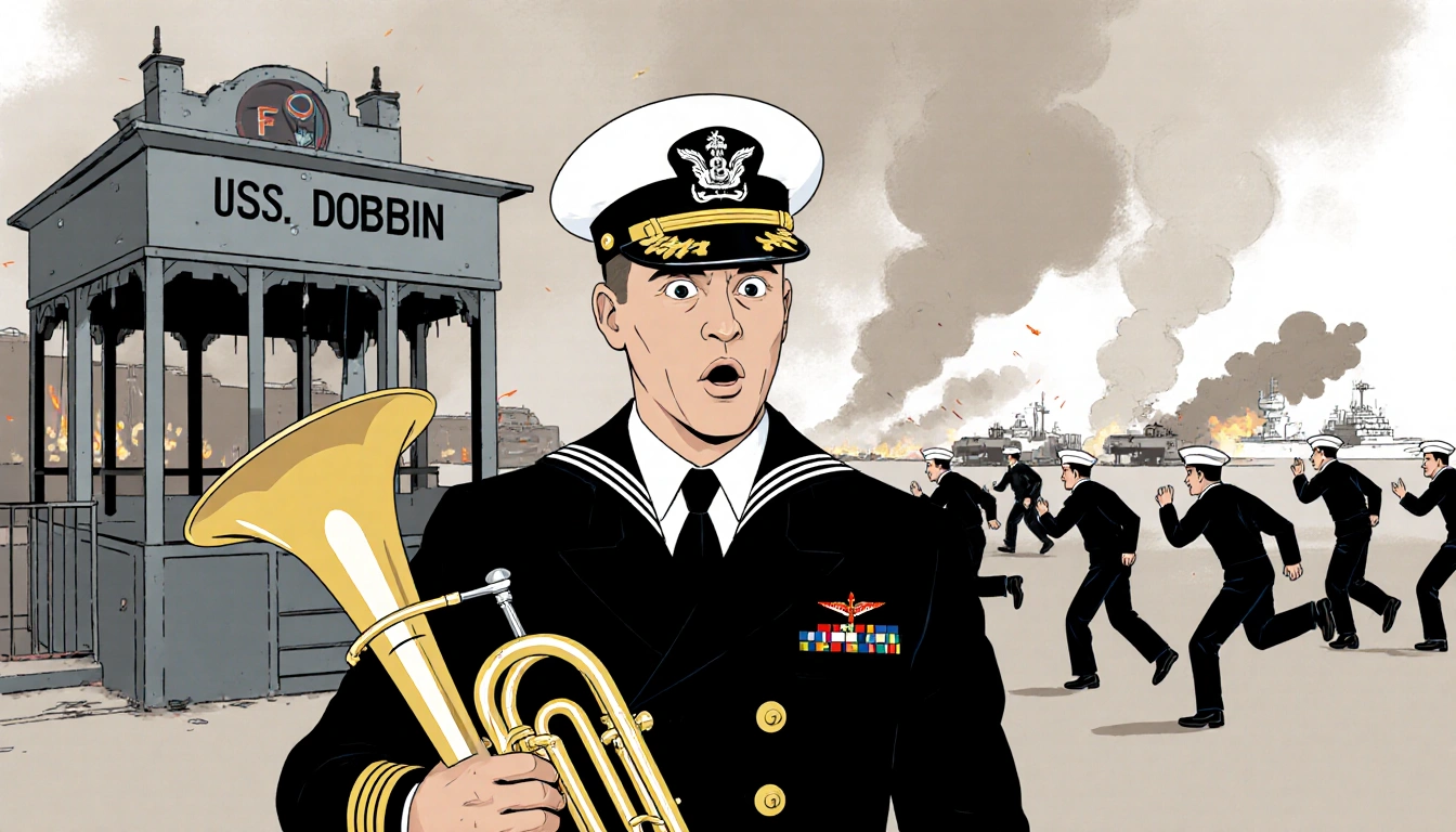 Ira Schab in naval uniform holding a tuba looks surprised with sailors rushing and smoke in the background.