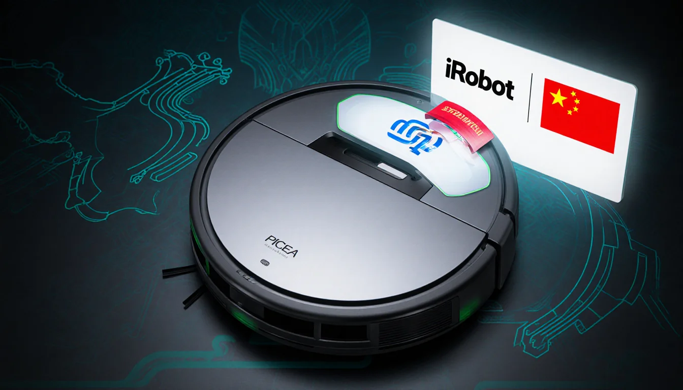 Merged iRobot and PICEA logos placed on sleek robotic vacuum metallic texture set against Chinese Vietnamese motifs.