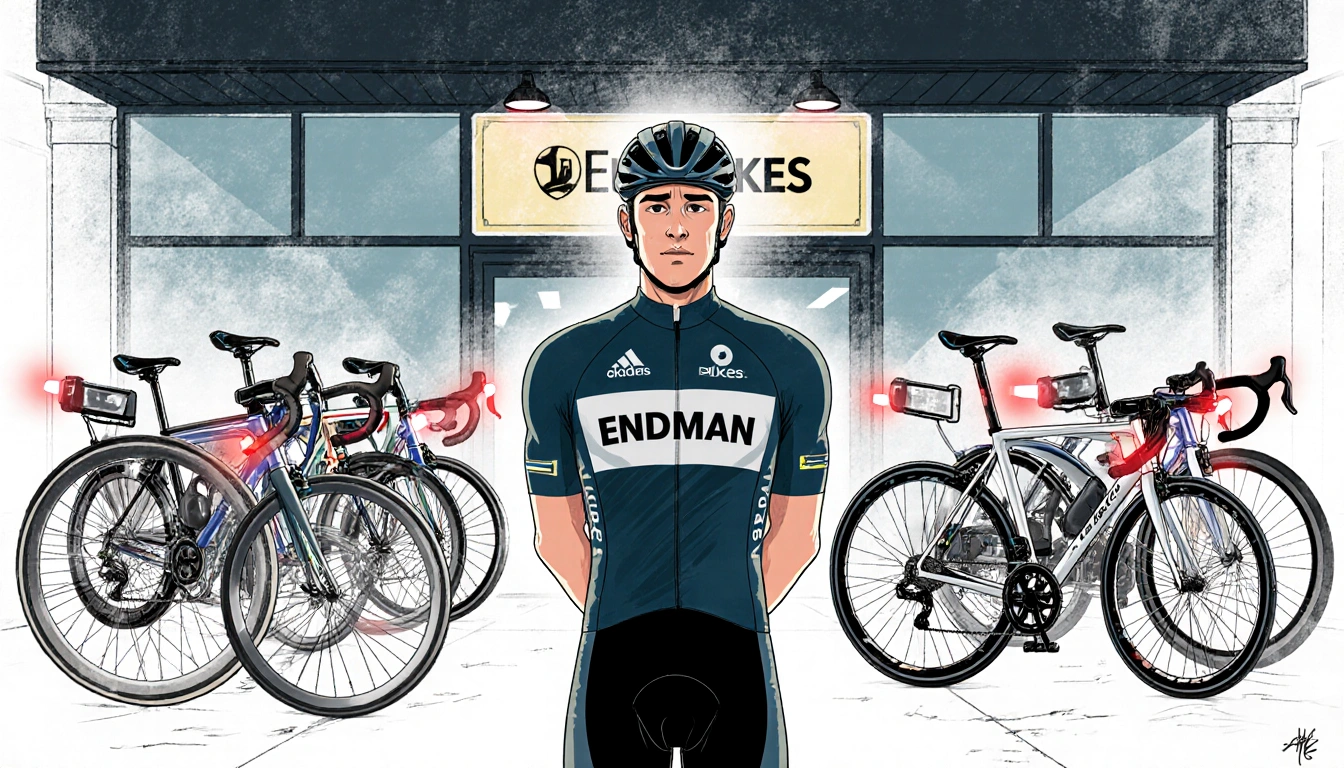 Ironman triathlete Matthew Olivolo speaking with a somber expression in front of a bike shop with illuminated bicycles