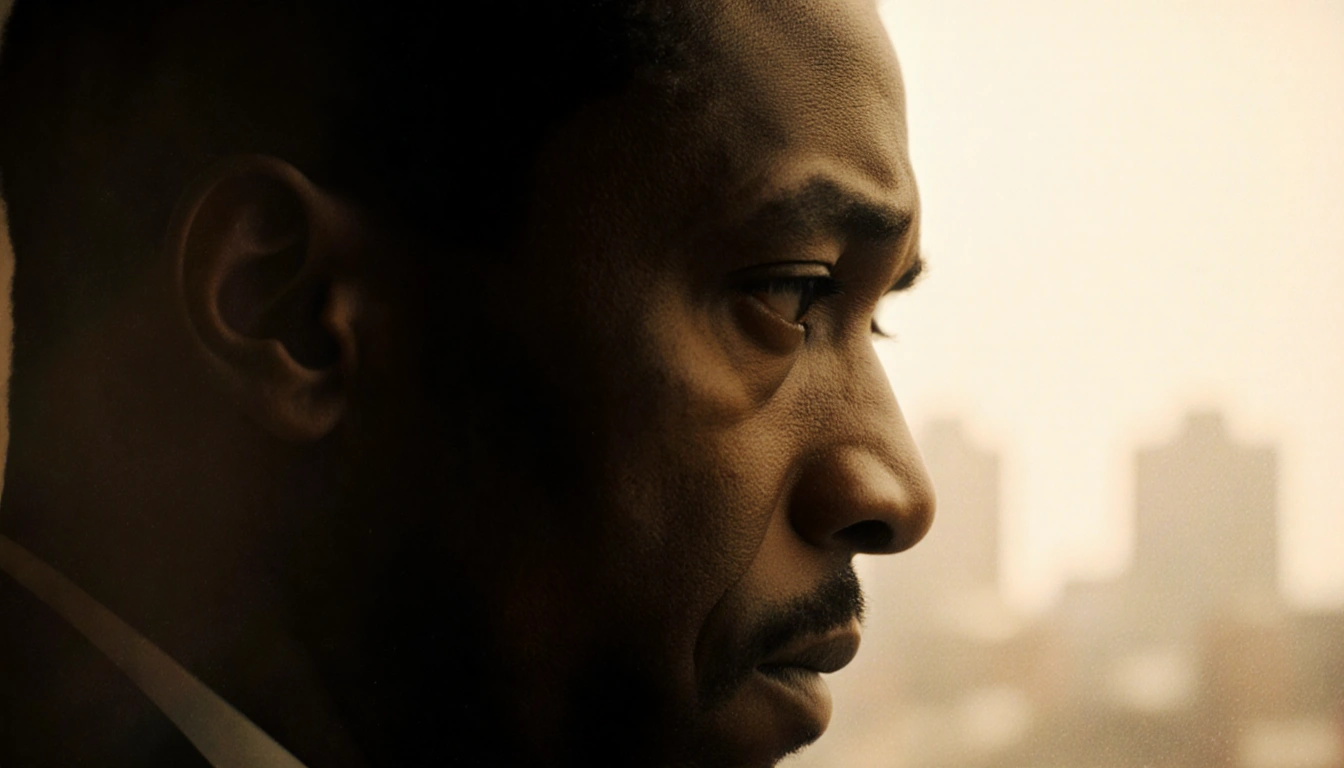 Actor looks contemplative in profile with a faint dim cityscape and warm nostalgic backdrop
