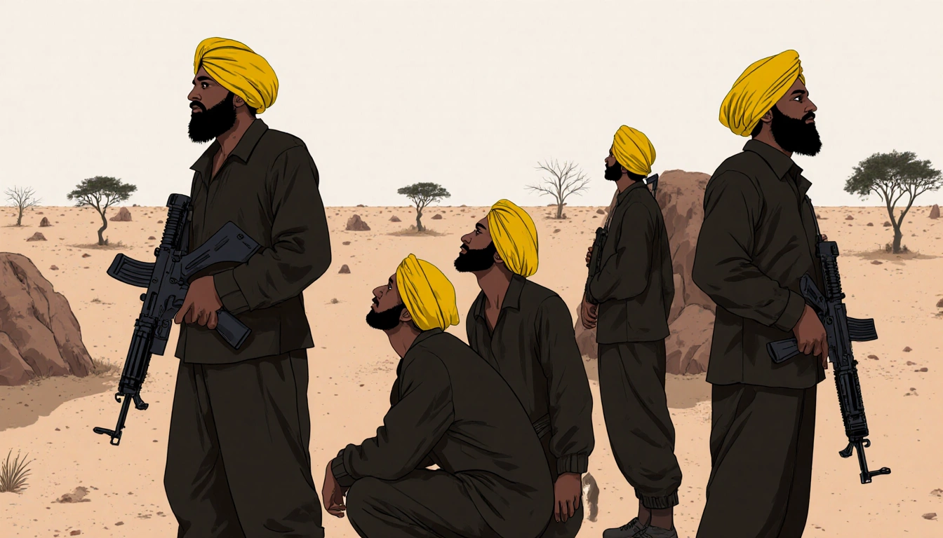 Three militant figures kneel and stand with rifles against desert backdrop with yellow turbans