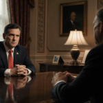 Jack Smith sits across from a Republican with a red tie and clasped hands on a table in a room during a political meeting.