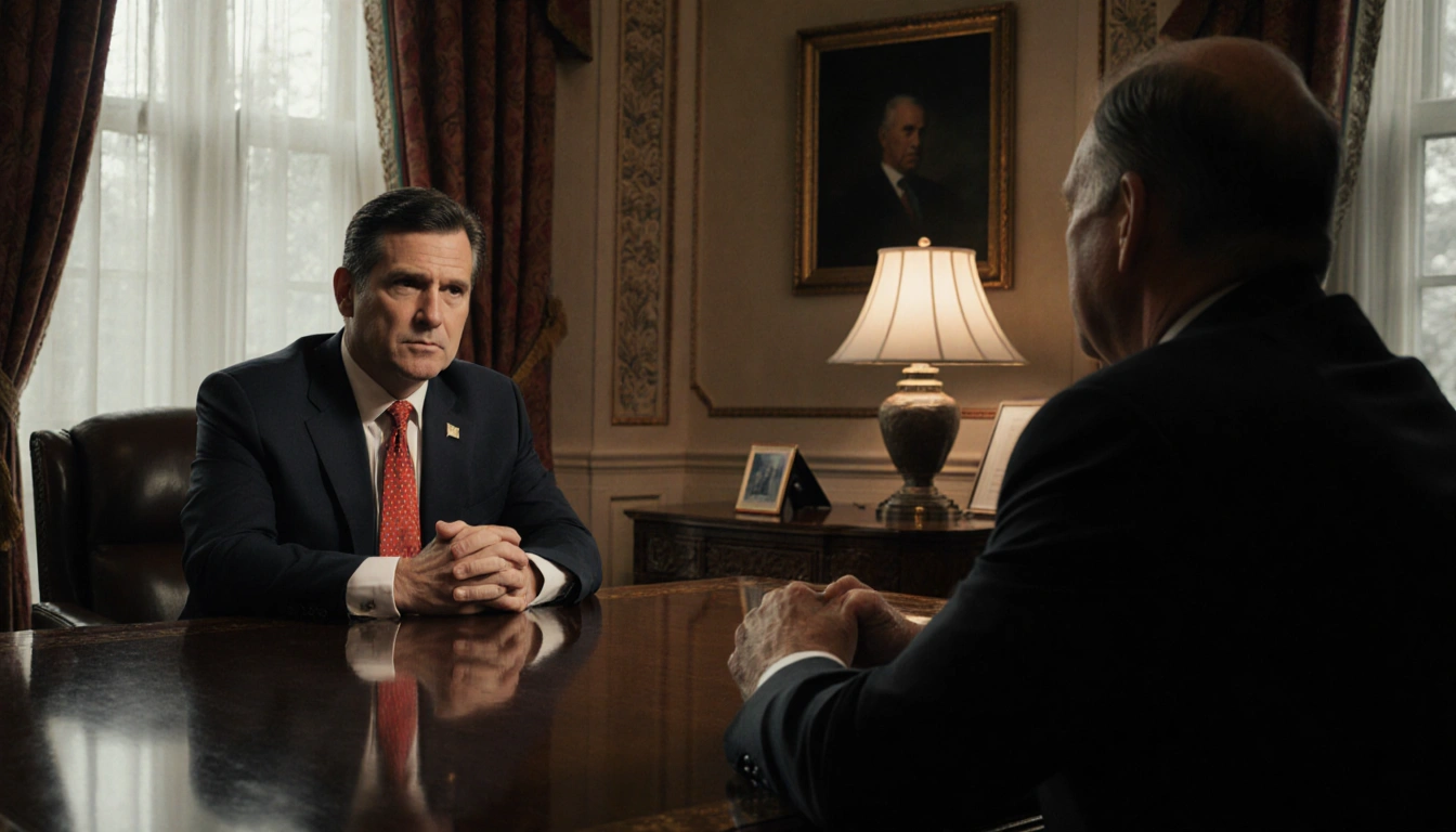 Jack Smith sits across from a Republican with a red tie and clasped hands on a table in a room during a political meeting.