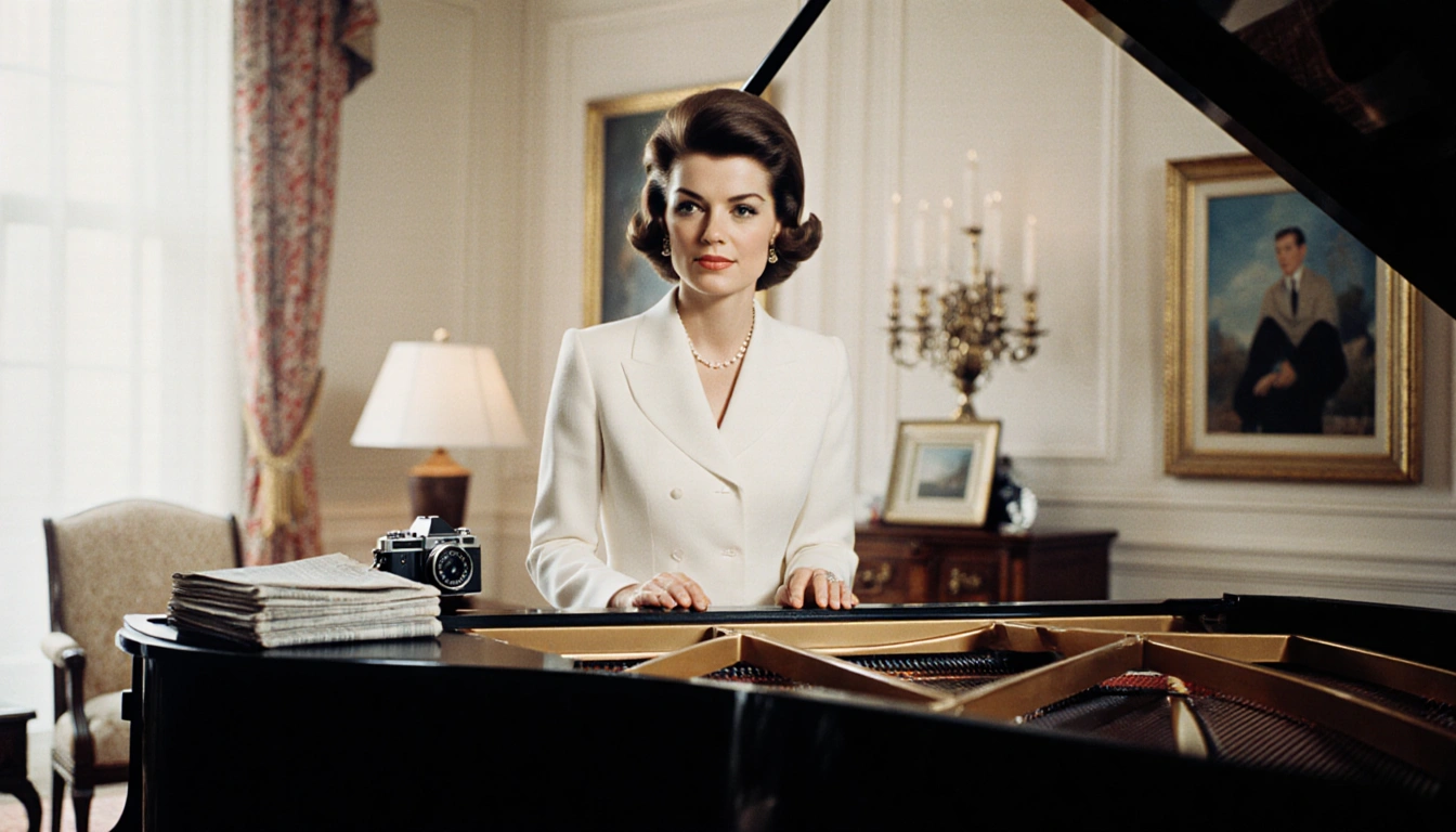 Jackie Kennedy playing piano with a vintage camera nearby and soft 1960s Washington backdrop.