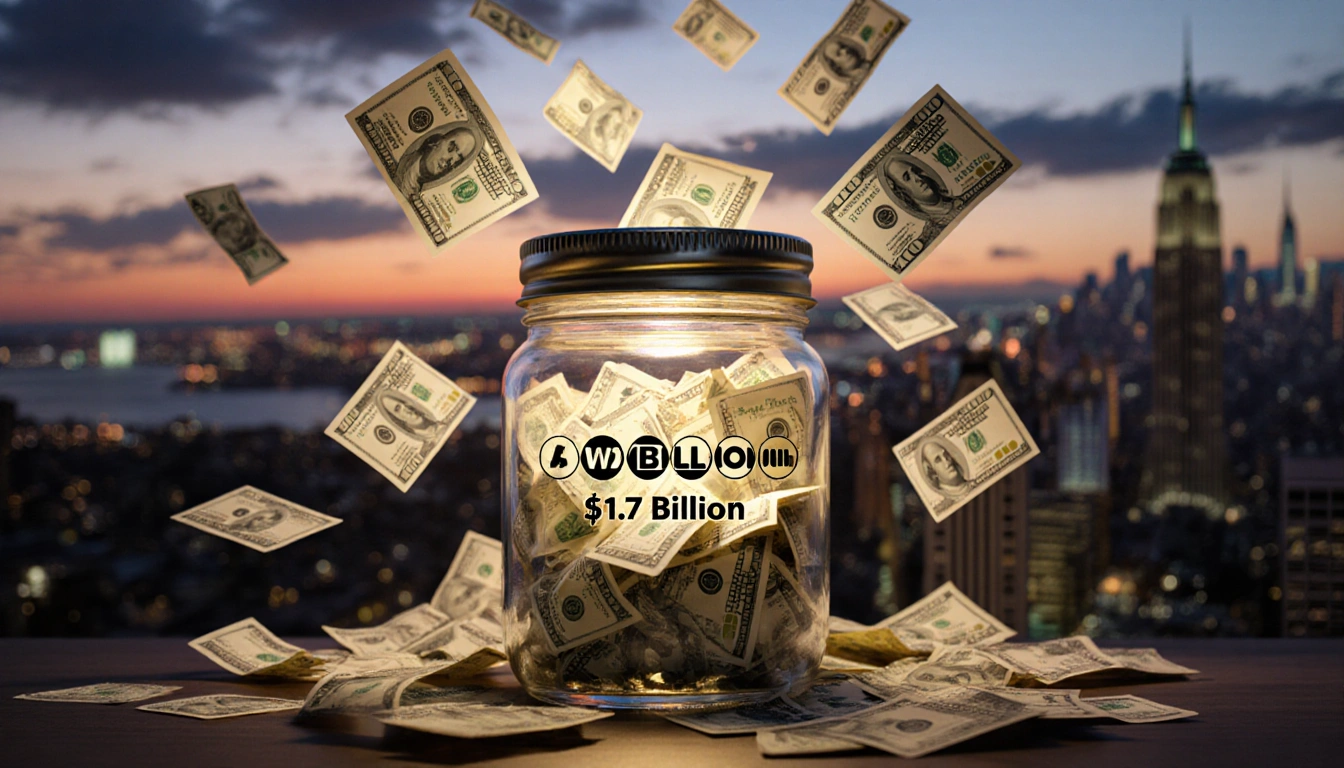 Overflowing jar glows with $100 bills and lottery tickets with a glimpse of a $1.7B jackpot and a blurred cityscape at dusk.