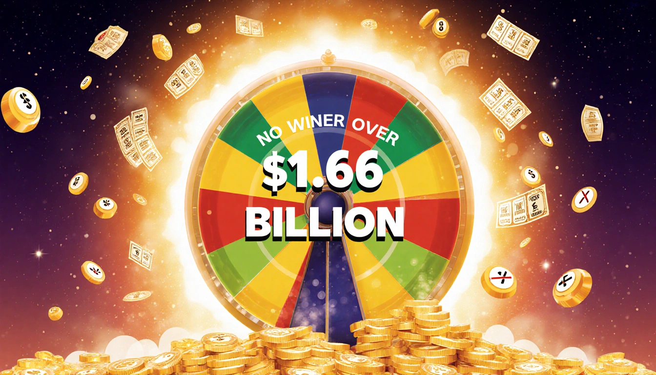 Wheel spinning with $1.6 billion jackpot and empty ticket slots near a halo of light