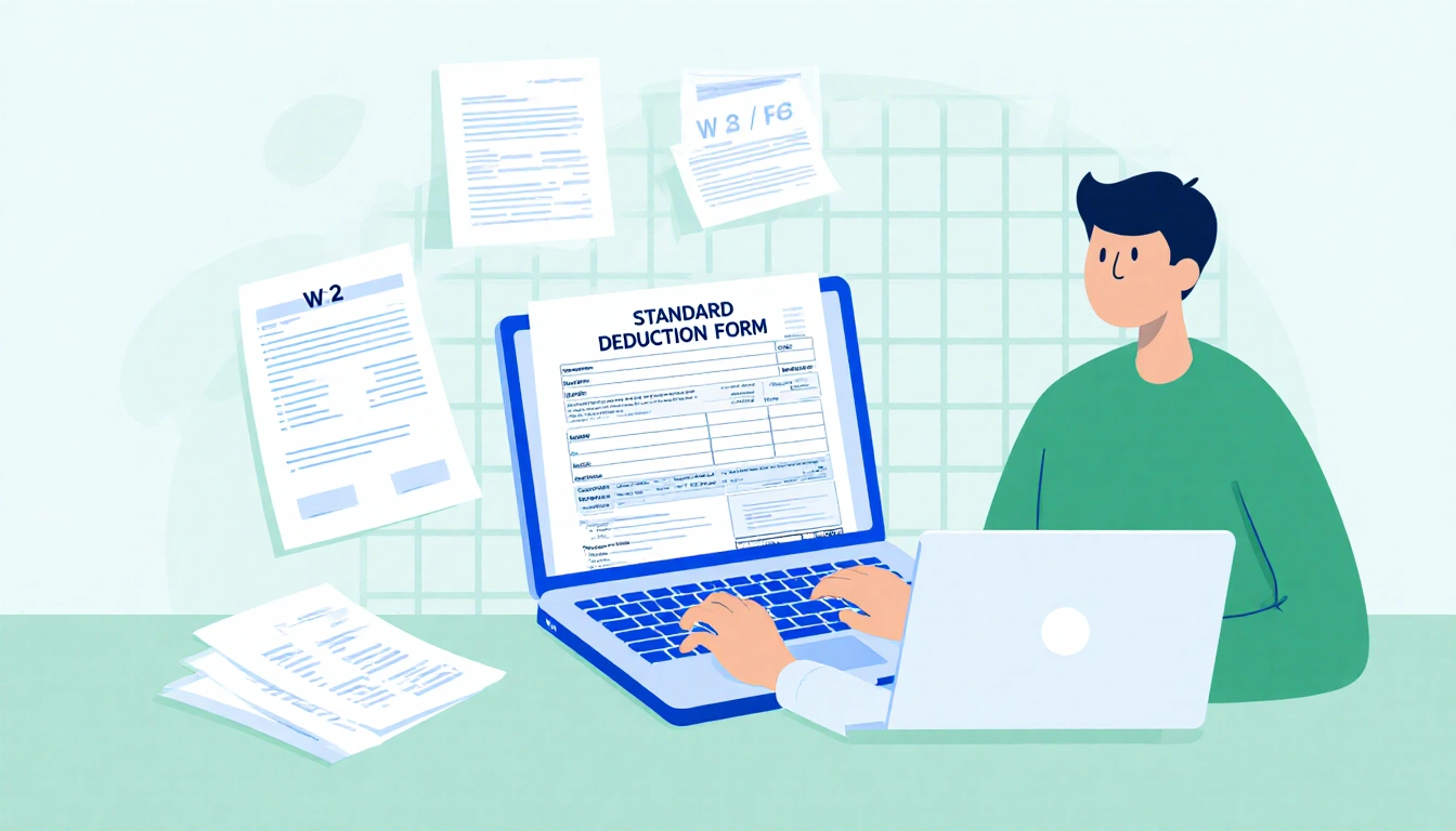 Person sitting at desk with laptop open to standard deduction form on W-2 and minimal paperwork in calm blue-green setting fo