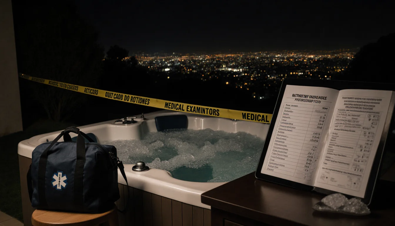Jacuzzi overflowing with bubbles with a medical bag and prescription pad and a blurred Los Angeles skyline in background