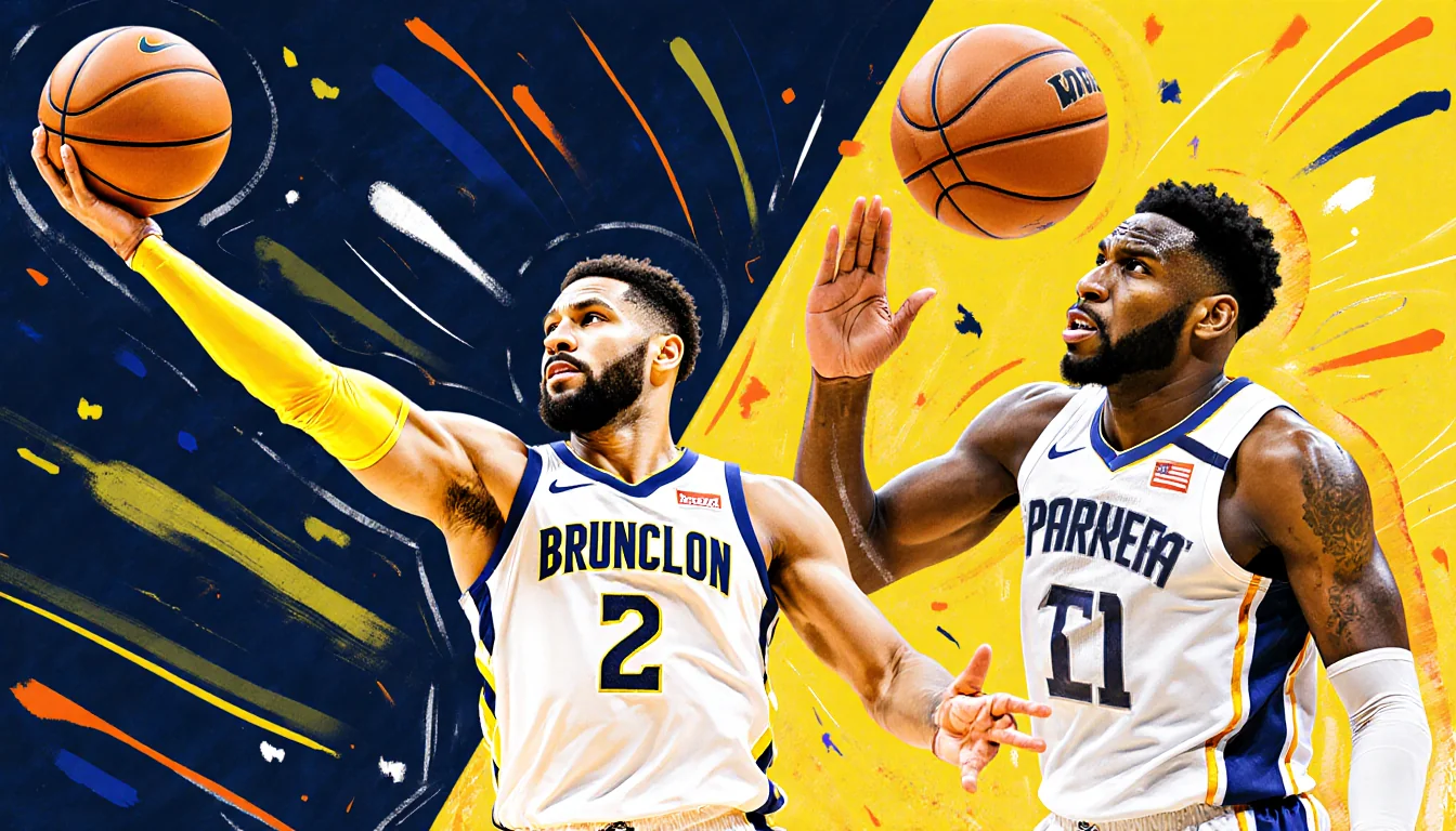 Jalen Brunson shooting a free throw with celebration and De’Aaron Fox frowning with a turnover ball flying out of bounds.