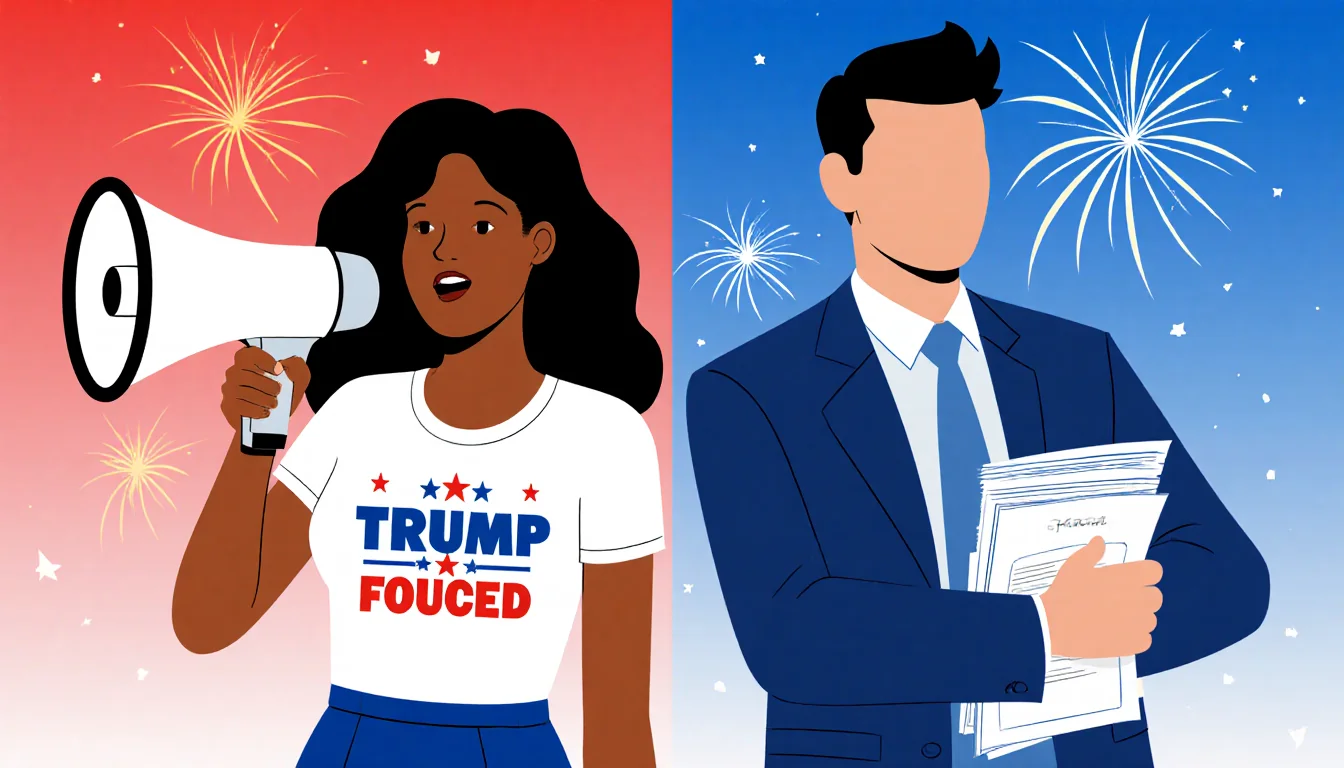 Jasmine Crockett holding a megaphone with a Trump campaign logo and James with a stack of papers against a red‑blue gradient.