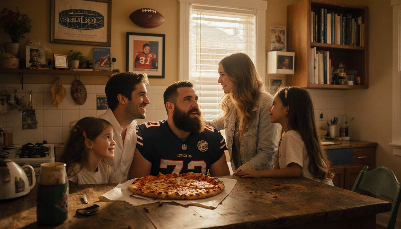 Jason Kelce sitting at a worn wooden table with his wife Kylie and family in a kitchen with football memorabilia and pizza.