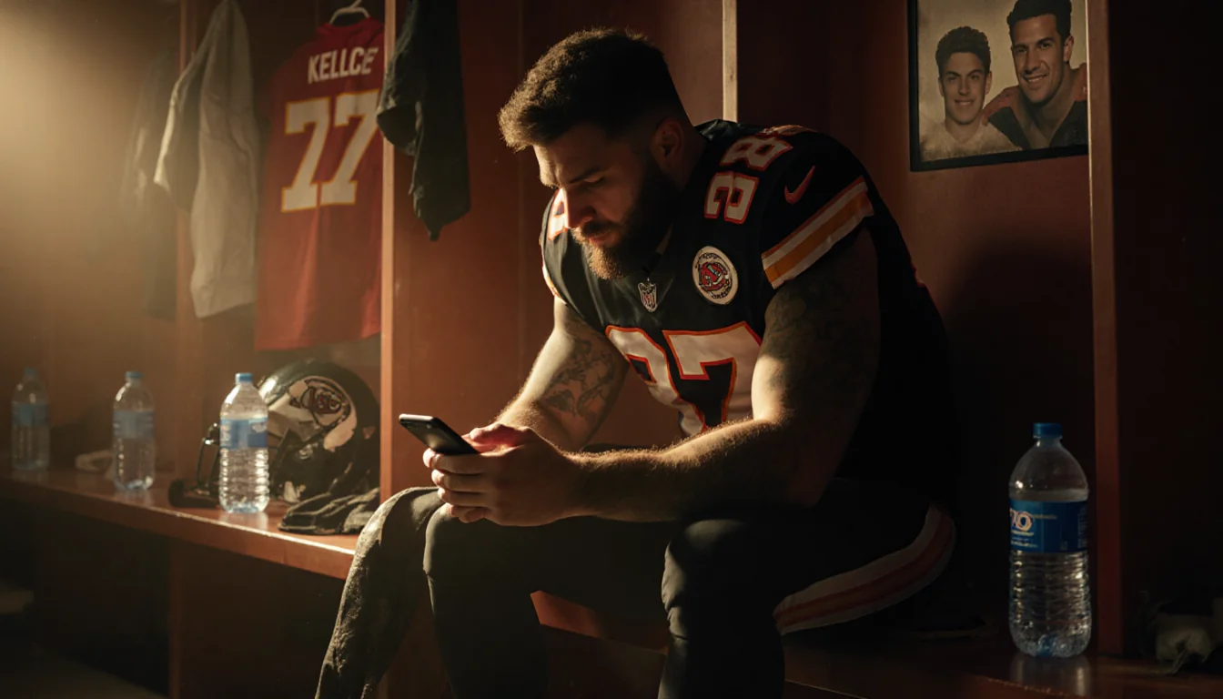Jason Kelce sitting on a bench staring at his phone with empty water bottles and football gear in a dim Chiefs locker room.