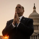 Jeffrey R. Holland praying with hands clasped front of LDS temple at sunset with Capitol silhouette