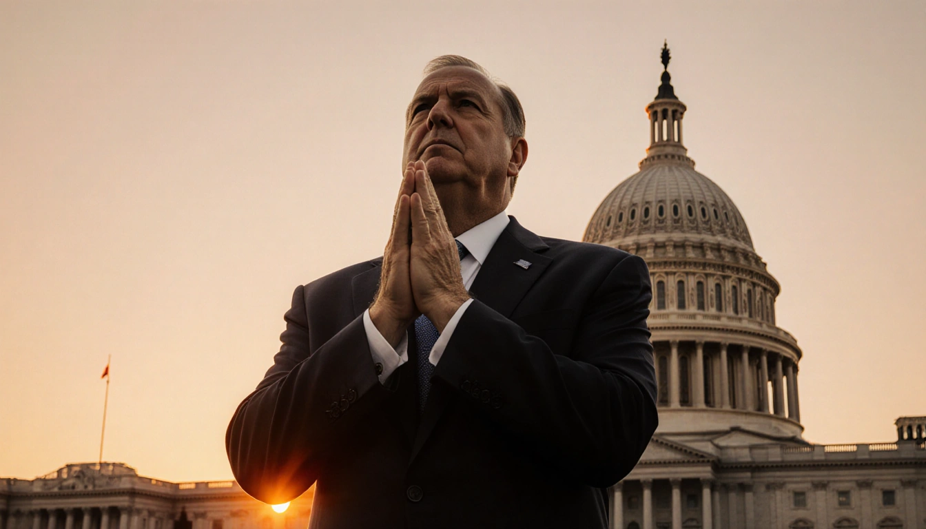 Jeffrey R. Holland praying with hands clasped front of LDS temple at sunset with Capitol silhouette