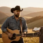 Jelly Roll country singer standing with guitar on shoulder and open book on fence golden sunlight over Tennessee hills