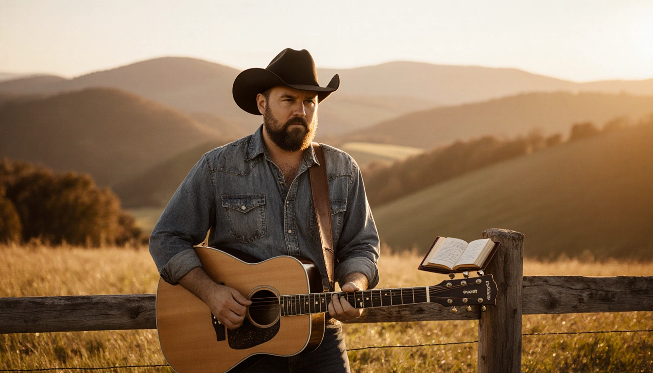 Jelly Roll country singer standing with guitar on shoulder and open book on fence golden sunlight over Tennessee hills