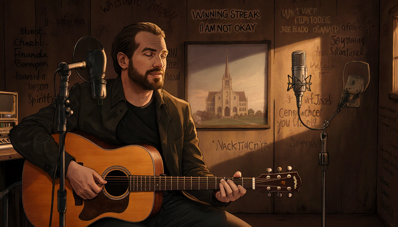 Jason Deford sits and plays a vintage guitar with microphone in a warm recording studio with quote walls
