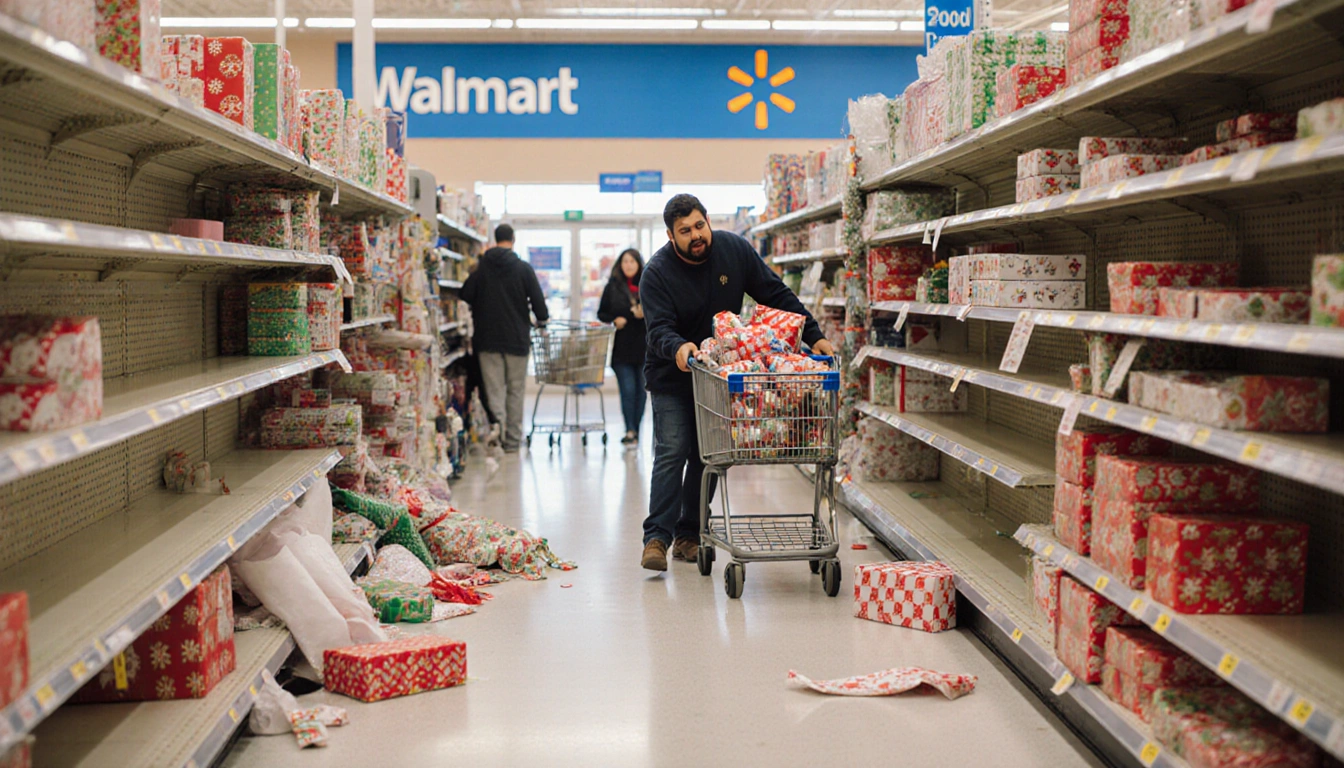 Jesus Villa searching for the final gift with scattered wrapping paper and shopping carts in a holiday retail aisle