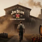 Man in worn overalls walking away from the misty distillery with bourbon barrels and a golden sky.