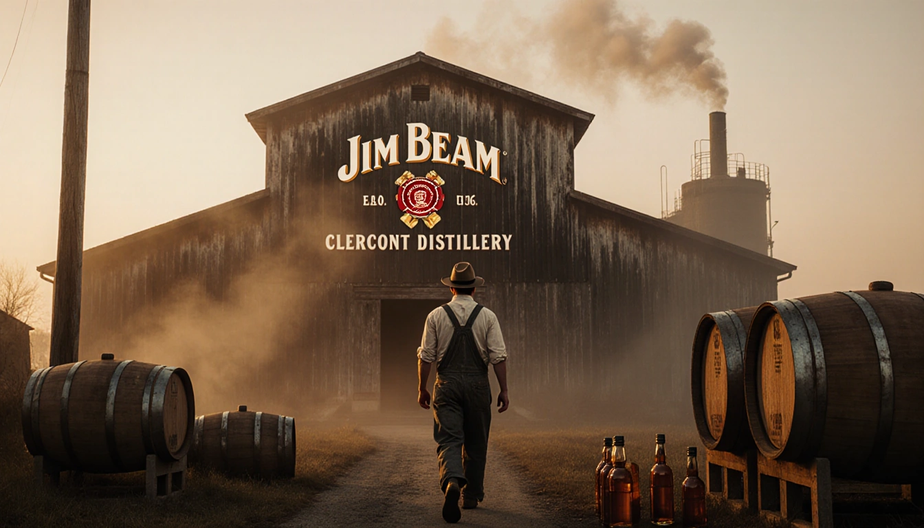 Man in worn overalls walking away from the misty distillery with bourbon barrels and a golden sky.