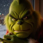 Jim Carrey grumpily peeks from behind his Grinch suit with itchy yak hair and city lights in snowy backdrop.