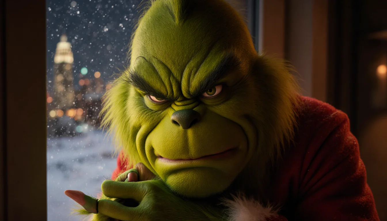 Jim Carrey grumpily peeks from behind his Grinch suit with itchy yak hair and city lights in snowy backdrop.