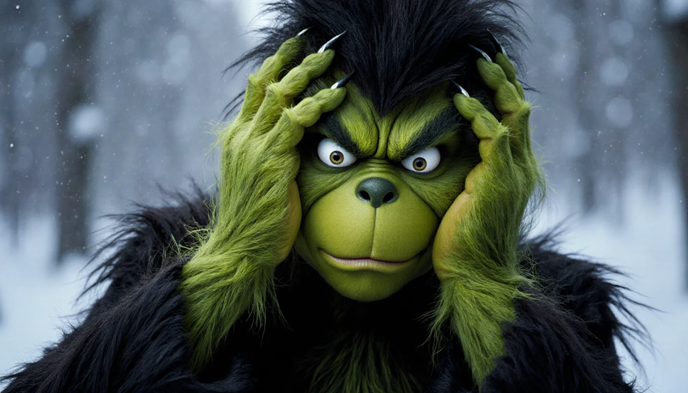 Jim Carrey as the Grinch scratching fingers with itchy yak hair suit and contact lenses irritation