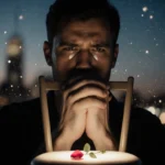 Jimmy Fowlie praying with a single rose petal on an empty chair beneath warm city lights and tears for sister Christina