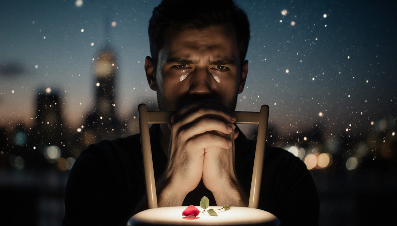 Jimmy Fowlie praying with a single rose petal on an empty chair beneath warm city lights and tears for sister Christina