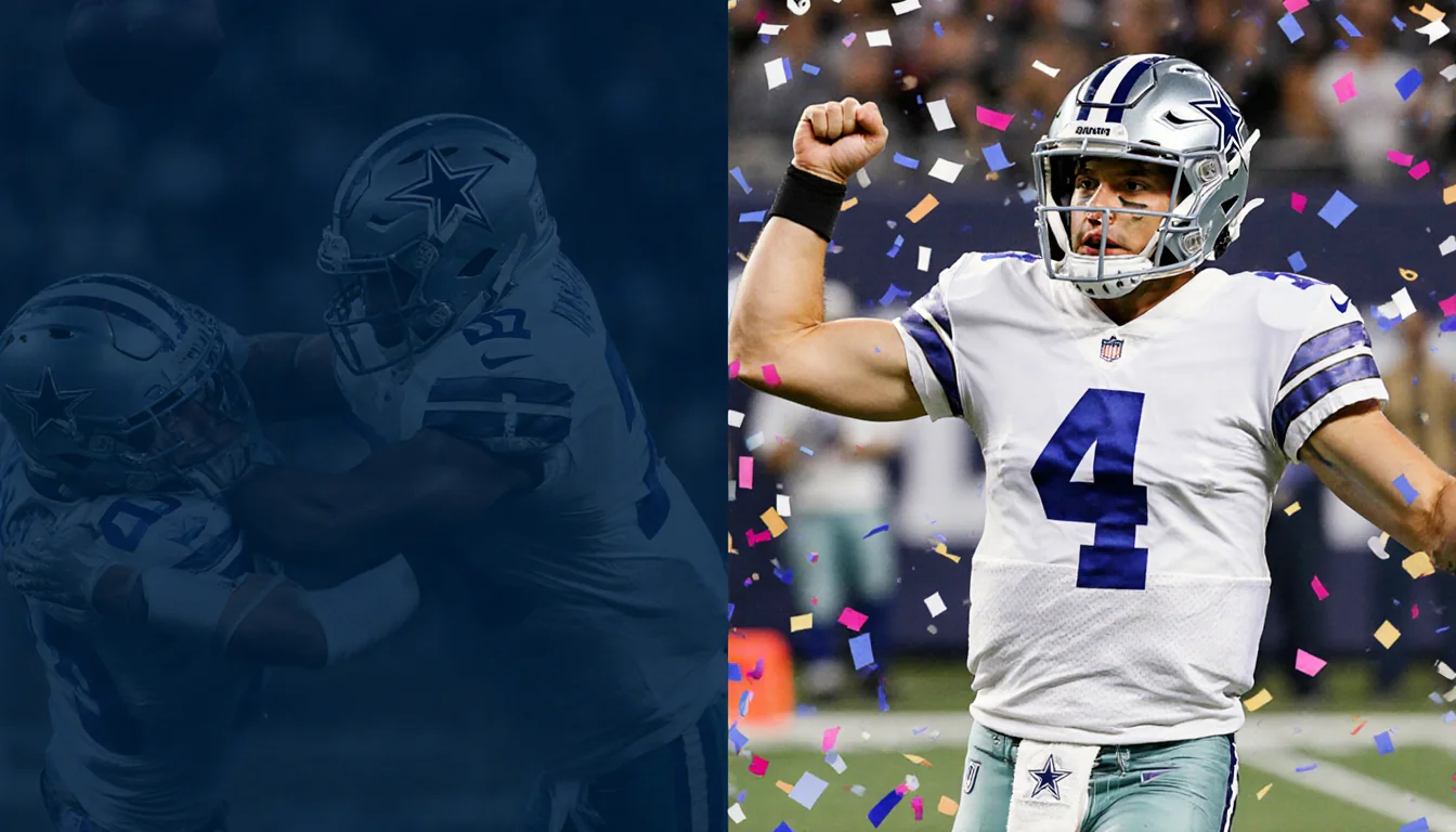 McCarthy is shown being sacked on the left and celebrating with confetti on the right in a split-screen football scene