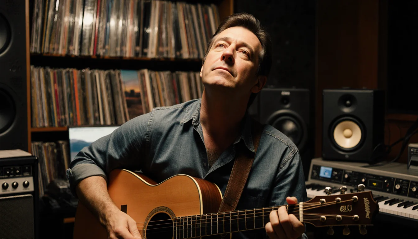 Joe Ely strumming acoustic guitar with studio lights and vinyl records and 1970s gear hinting at Texas country-rock roots
