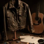 Worn leather jacket hanging on a wooden guitar stand with a vintage microphone and guitar picks in a warm glow.