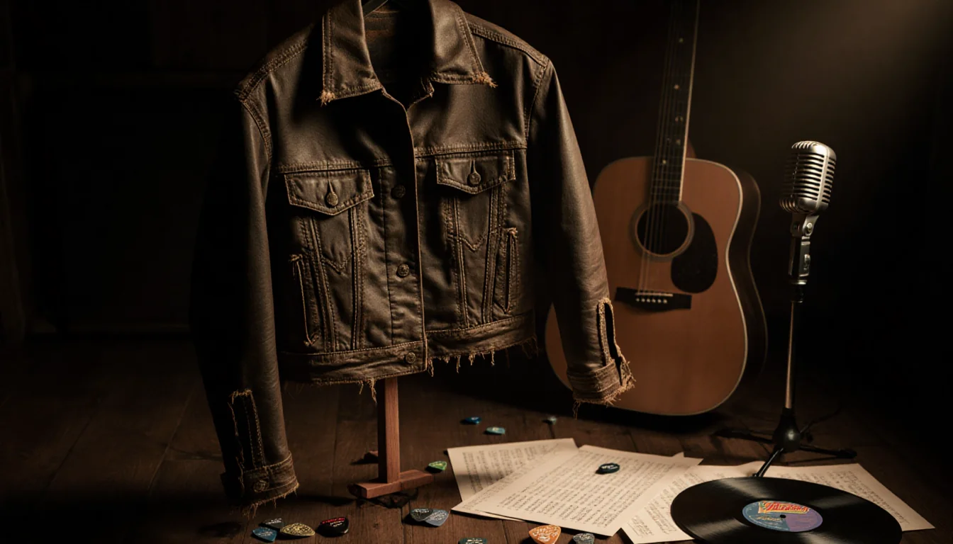 Worn leather jacket hanging on a wooden guitar stand with a vintage microphone and guitar picks in a warm glow.