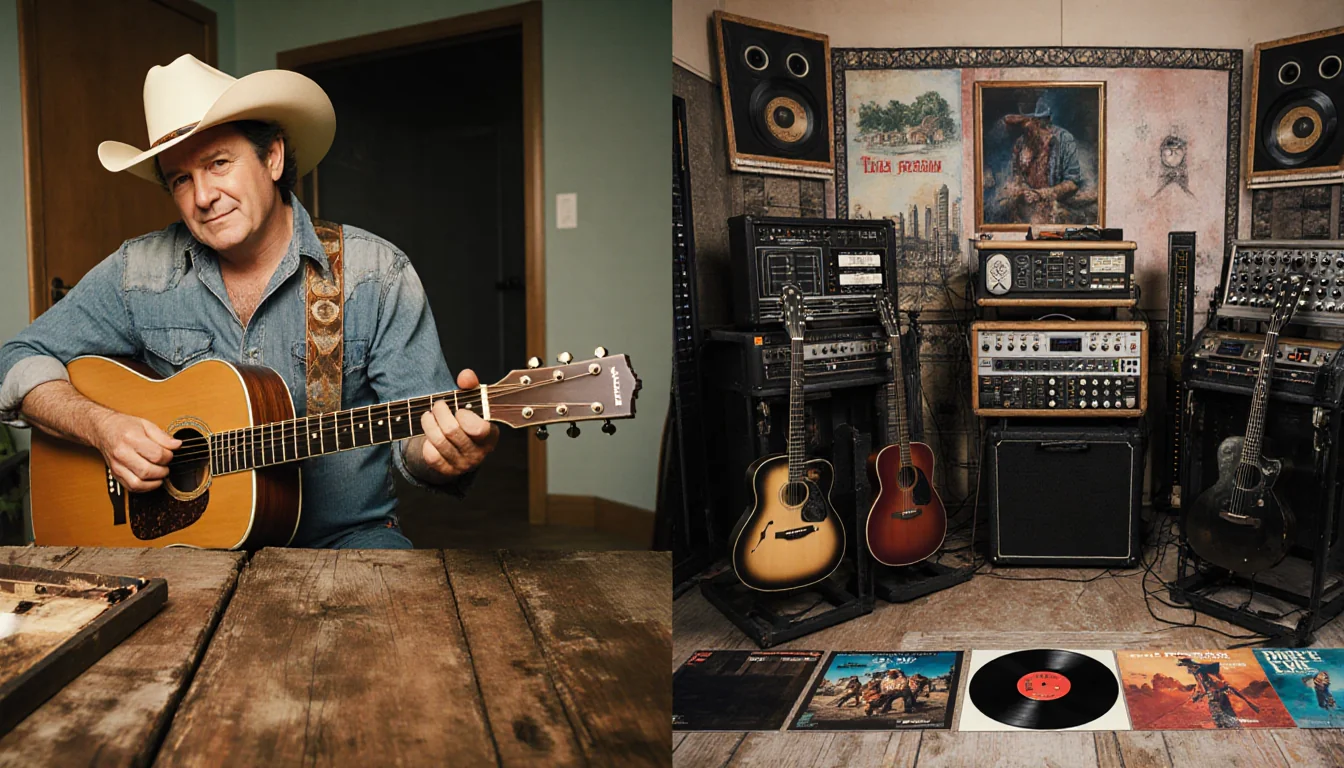 Joe Ely sits at a worn wooden table with guitars and 1970s Texas country-rock attire a vintage studio background shows vinyl