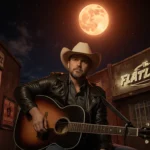 Joe Ely strumming guitar with a moonlit Texas roadhouse backdrop and punk posters.