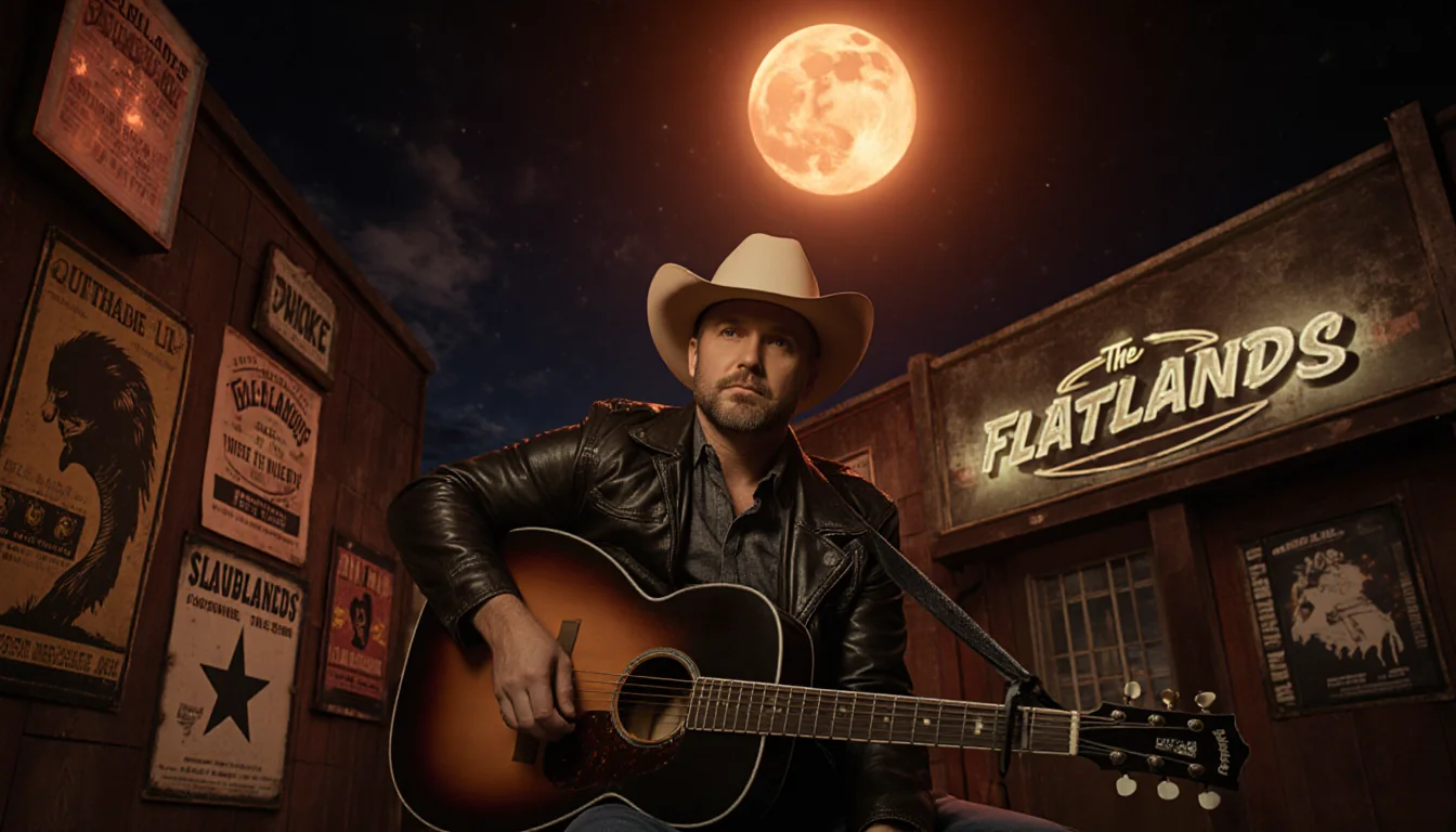 Joe Ely strumming guitar with a moonlit Texas roadhouse backdrop and punk posters.