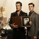 John Travolta holding a leather-bound book with an Elvis silhouette and classic 55 Ford Thunderbird parked beside him