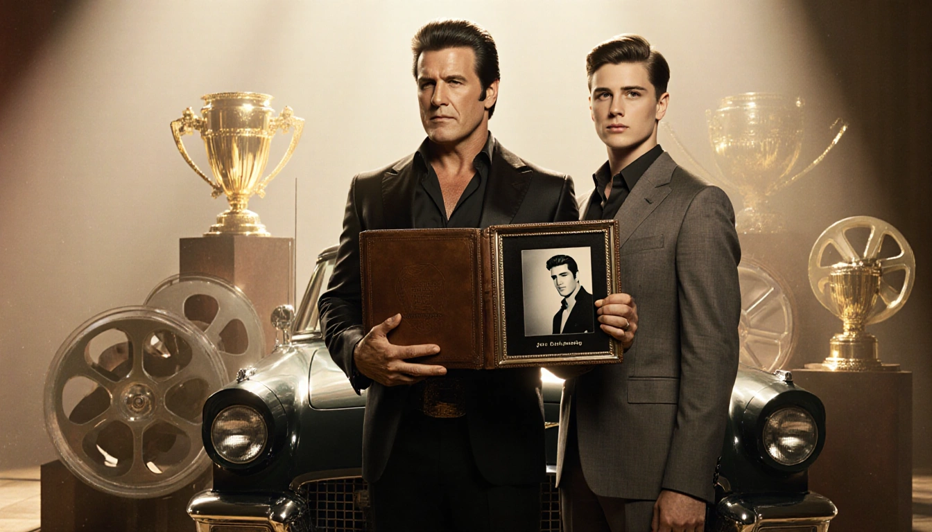 John Travolta holding a leather-bound book with an Elvis silhouette and classic 55 Ford Thunderbird parked beside him