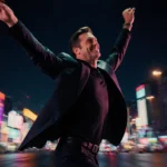 Jon Hamm dancing energetically with arms raised amid neon lights and a dark cityscape backdrop