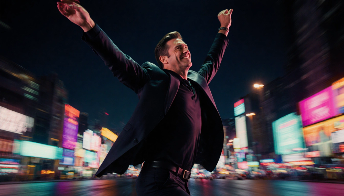 Jon Hamm dancing energetically with arms raised amid neon lights and a dark cityscape backdrop