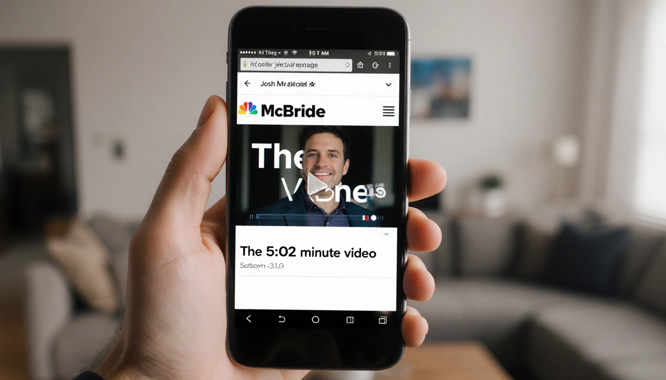 Josh McBride holding a smartphone with NBC 5 DFW video playing and a blurred living room in the background