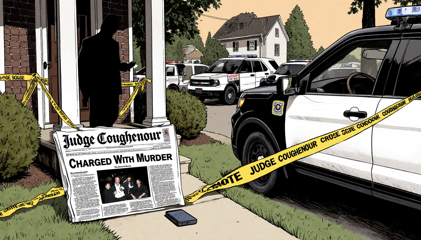Police cars gather outside judge's home with crime scene tape and a phone on porch step showing headline about murder charge.