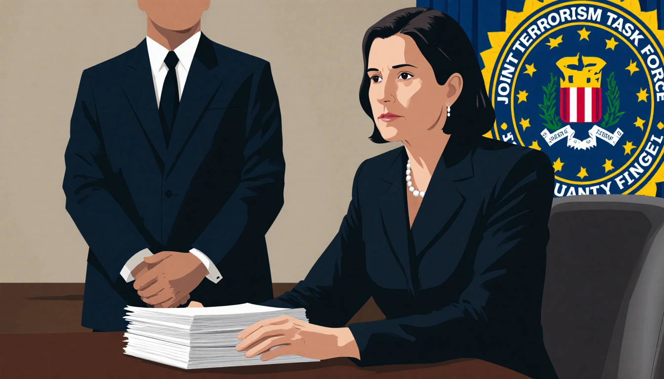 Judge McKay sits at desk with stack of documents while FBI officer stands nearby in formal uniform