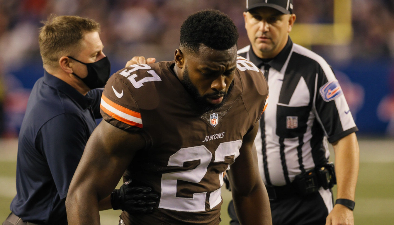 Browns rookie Quinshon Judkins being lifted off the field by medical staff with referee nearby on Buffalo Bills turf