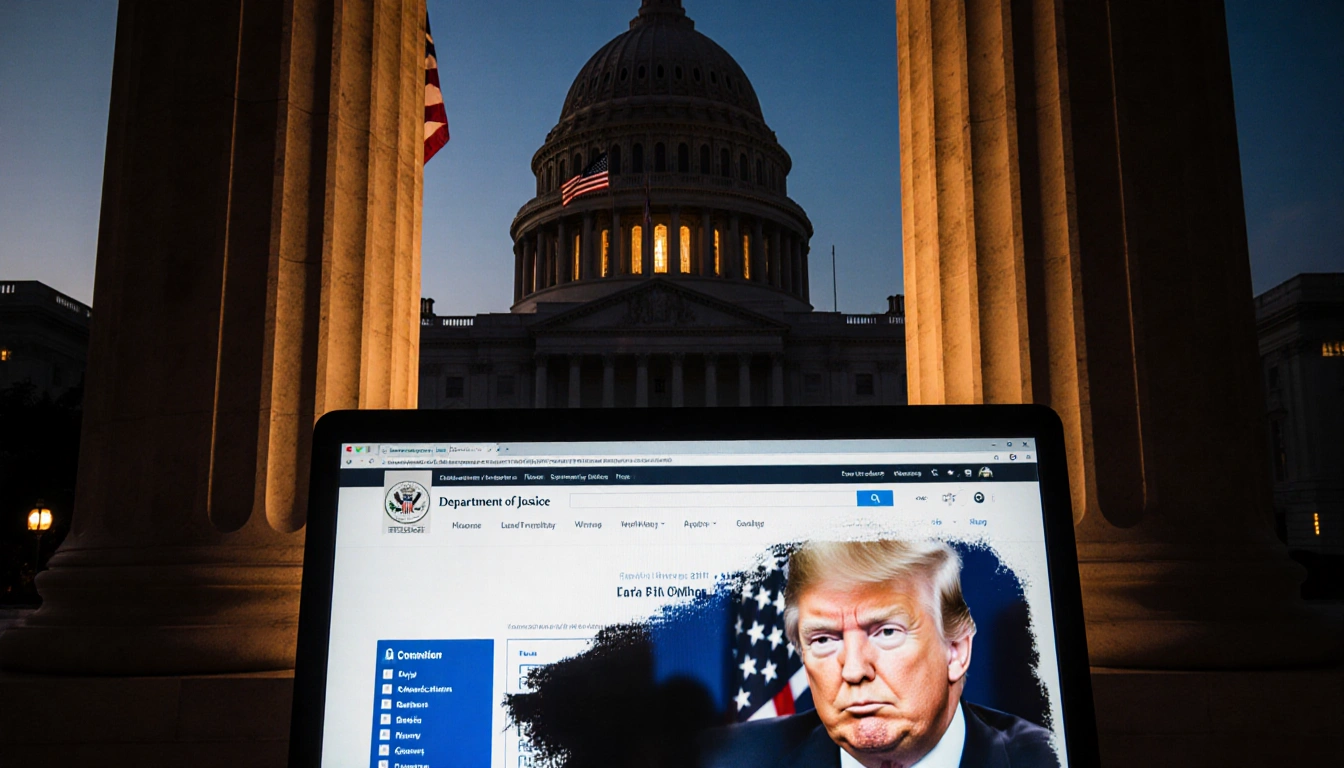 DOJ homepage scrolls to an empty space with erased photo of President Trump while the American flag is hidden