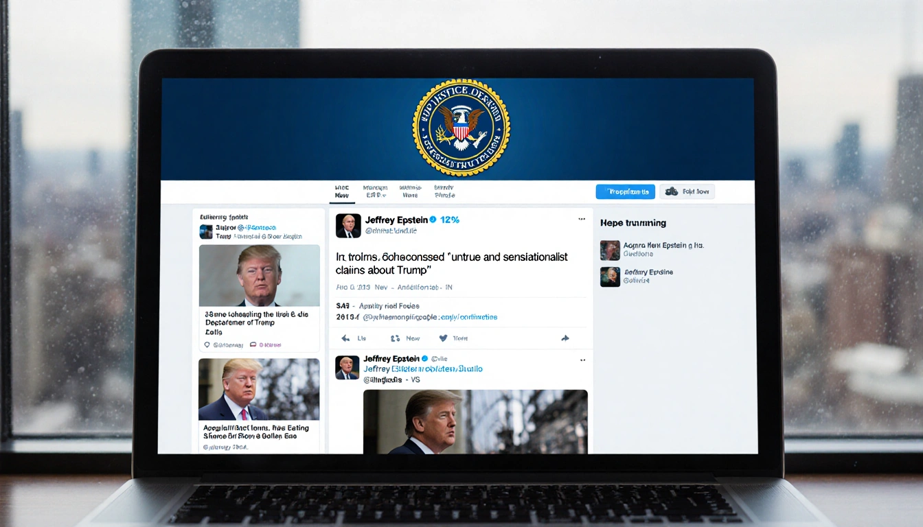 Computer screen displays a DOJ post on social media with blurred cityscape outside and faint headlines about Epstein case