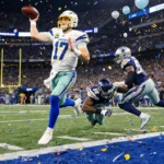 Justin Herbert tossing a touchdown pass with blue and yellow Chargers turf and confetti celebrating a football victory
